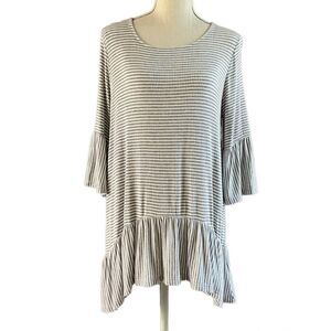 Pleione Gray White Strip Tunic Bell Sleeves S